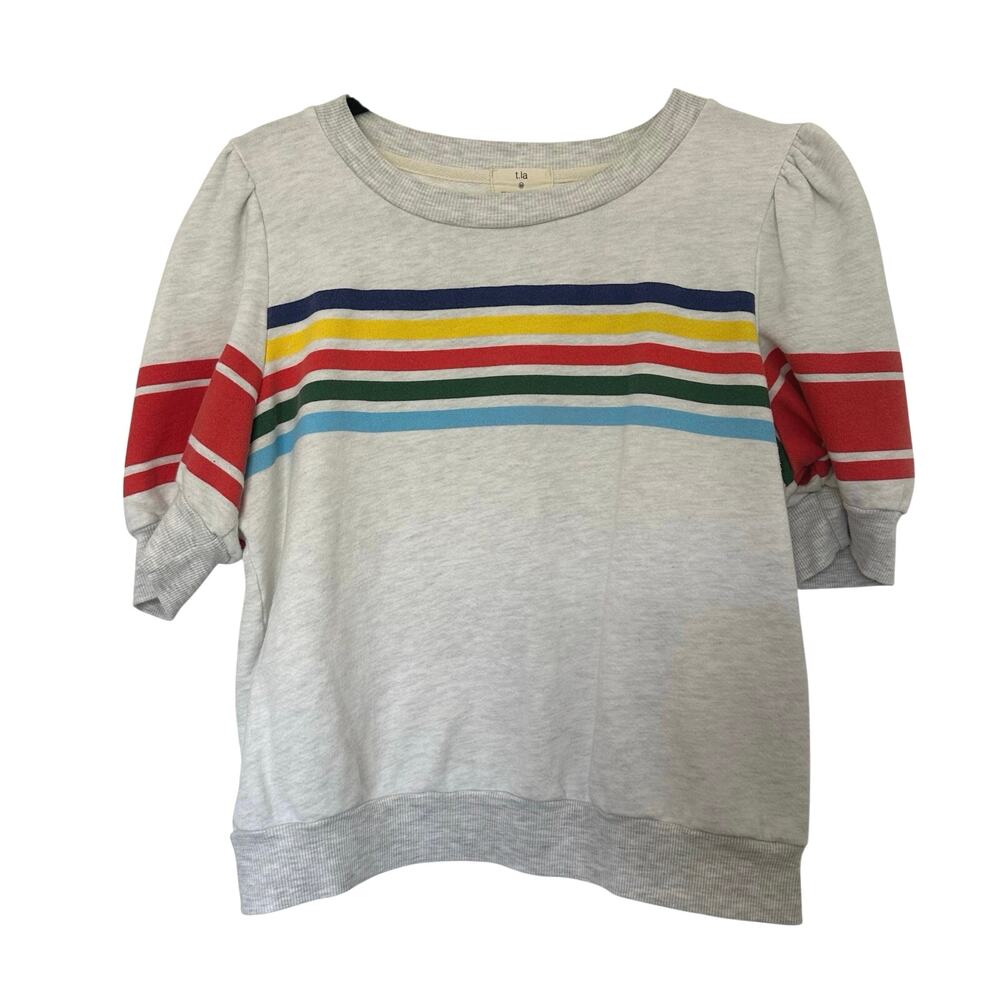Anthropologie (M) t.la Retro Short Puff Sleeve Pullover Gray Rainbow Stripes